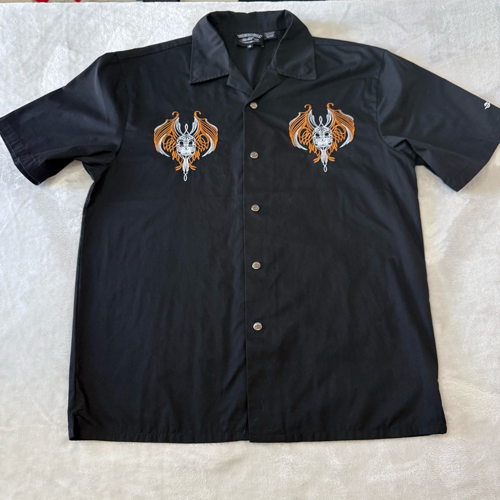 Iron Horse Originals Black Embroidered Skull Wings Button Up Shirt Men's XL